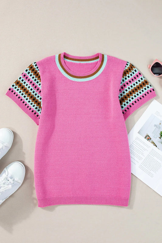 Bright Pink Contrast Printed Cap Sleeves Crewneck Sweater - Chic Meadow Boutique 