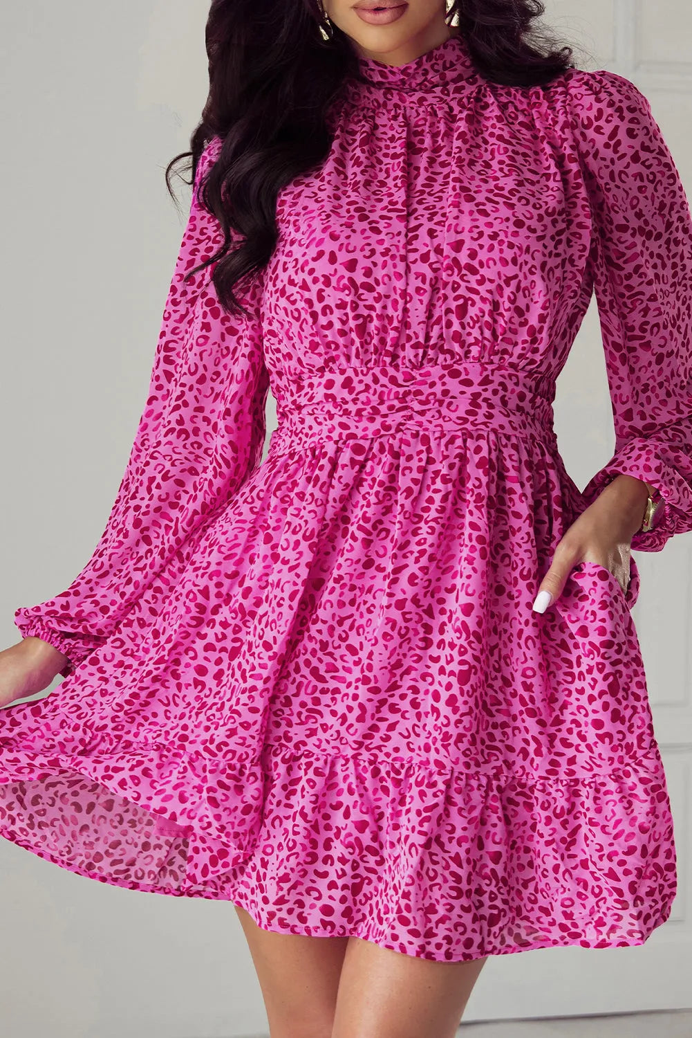 Rose Leopard Puff Sleeve Knotted High Neck Ruffle Dress - Chic Meadow Boutique 