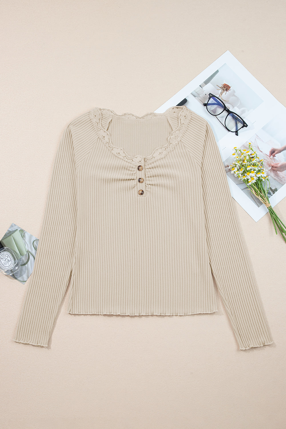 Beige Lace Neckline Button Decor Lettuce Edge Long Sleeve Ribbed Top
