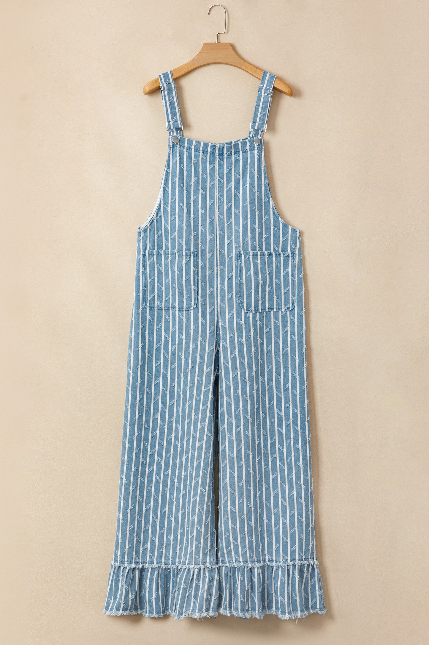 Myosotis Striped Distressed Ruffled Wide Leg Denim Overalls