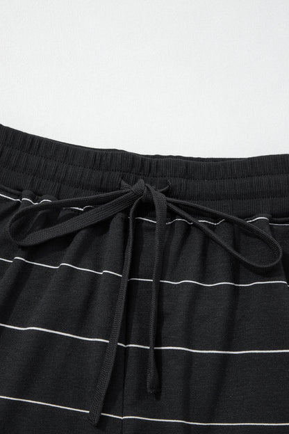 Black Stripe Half Sleeve Tee Drawstring Shorts 2pcs Set