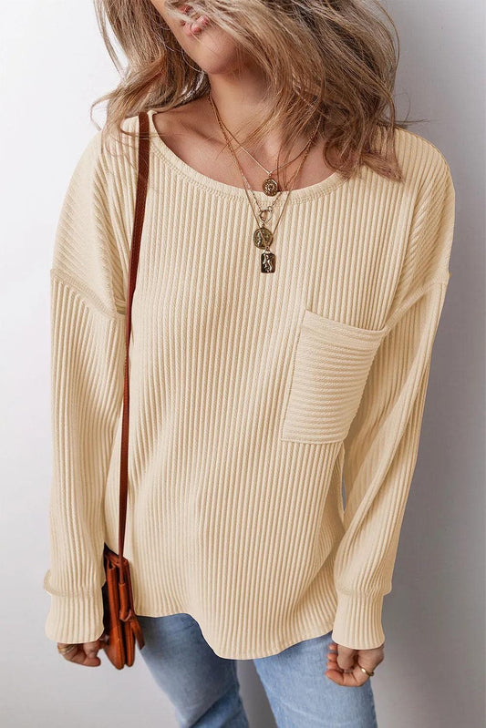 Tops/Long Sleeve Tops Apricot / S / 95%Polyester+5%Elastane Apricot Solid Color Corded Drop Shoulder Long Sleeve Top