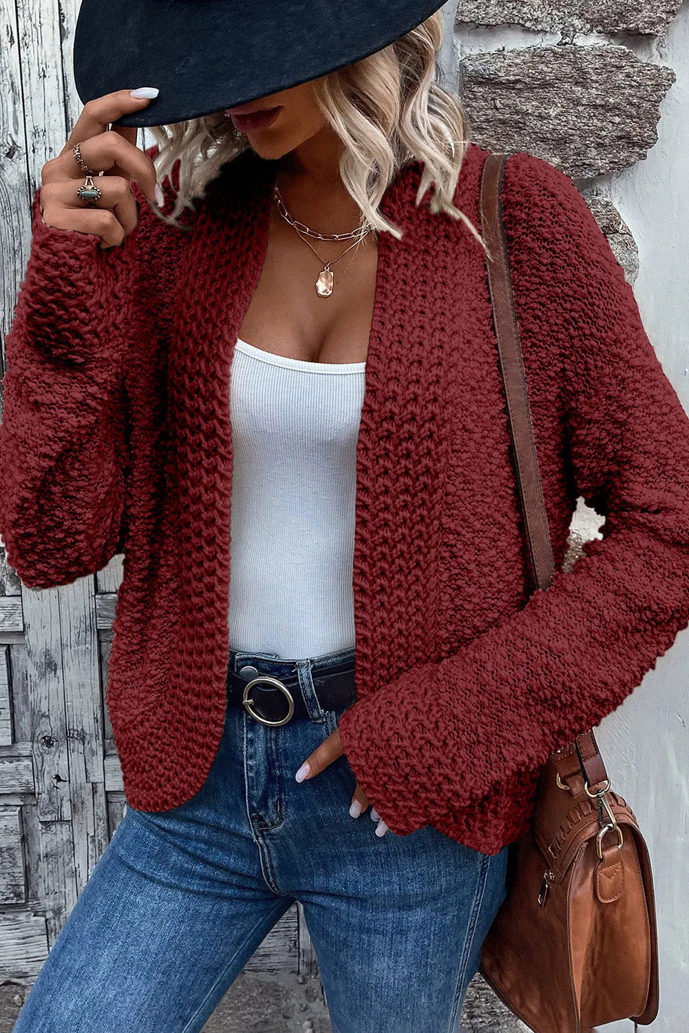 Fiery Red Popcorn Knit Open Front Cardigan - Chic Meadow Boutique 