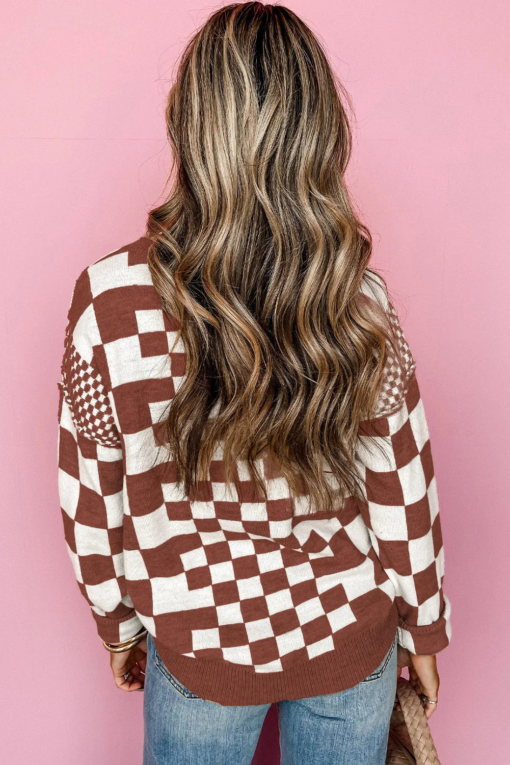 Brown Checkered Print Drop Shoulder Round Neck Sweater - Chic Meadow Boutique 