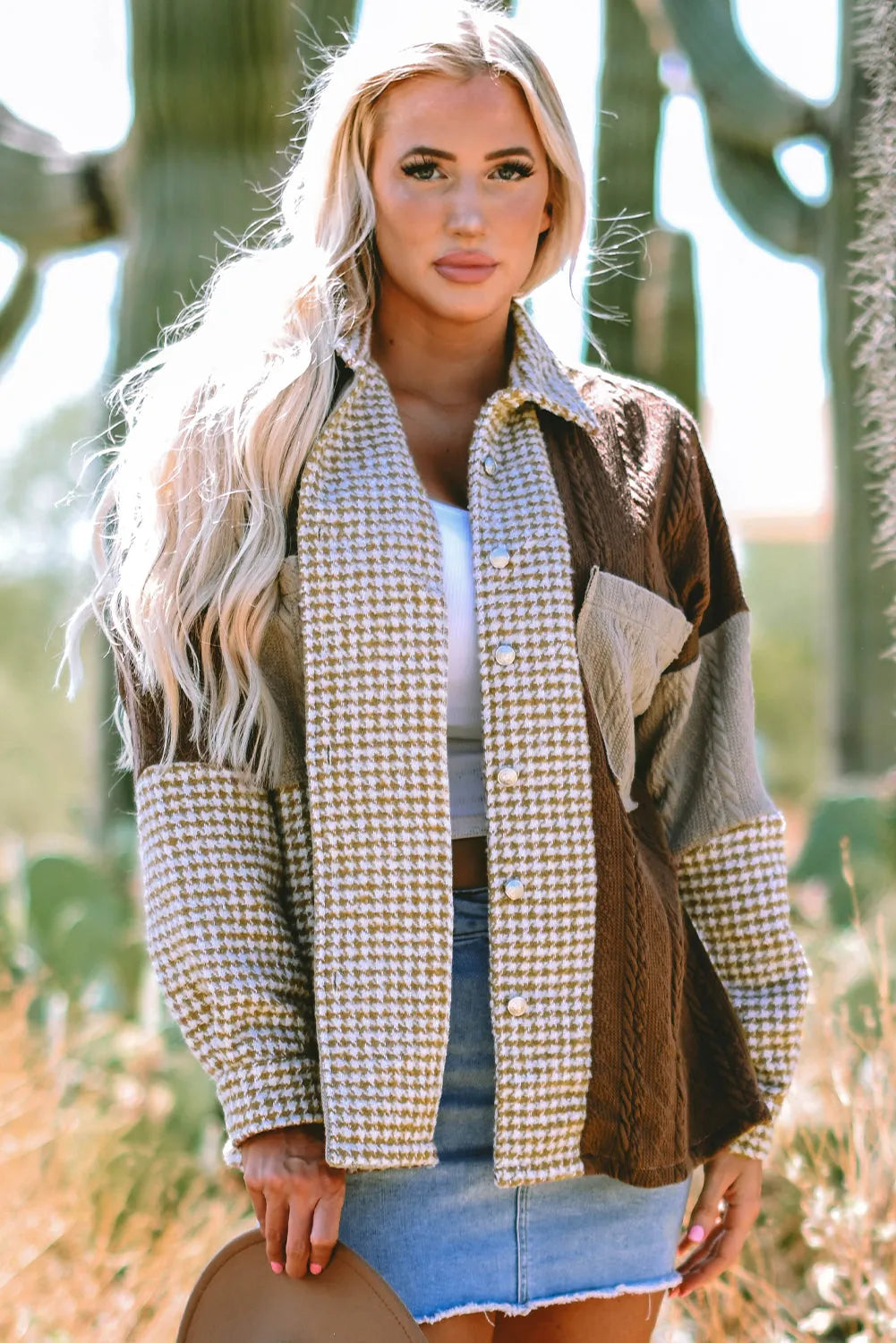 Khaki Houndstooth Color Contrast Textured Patchwork Loose Shacket - Chic Meadow Boutique 