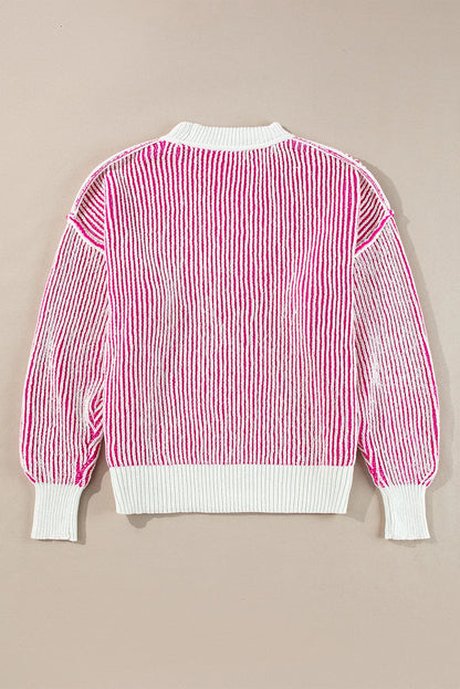 Bright Pink Striped Textured Knit Contrast Edge Loose Sweater - Chic Meadow Boutique 