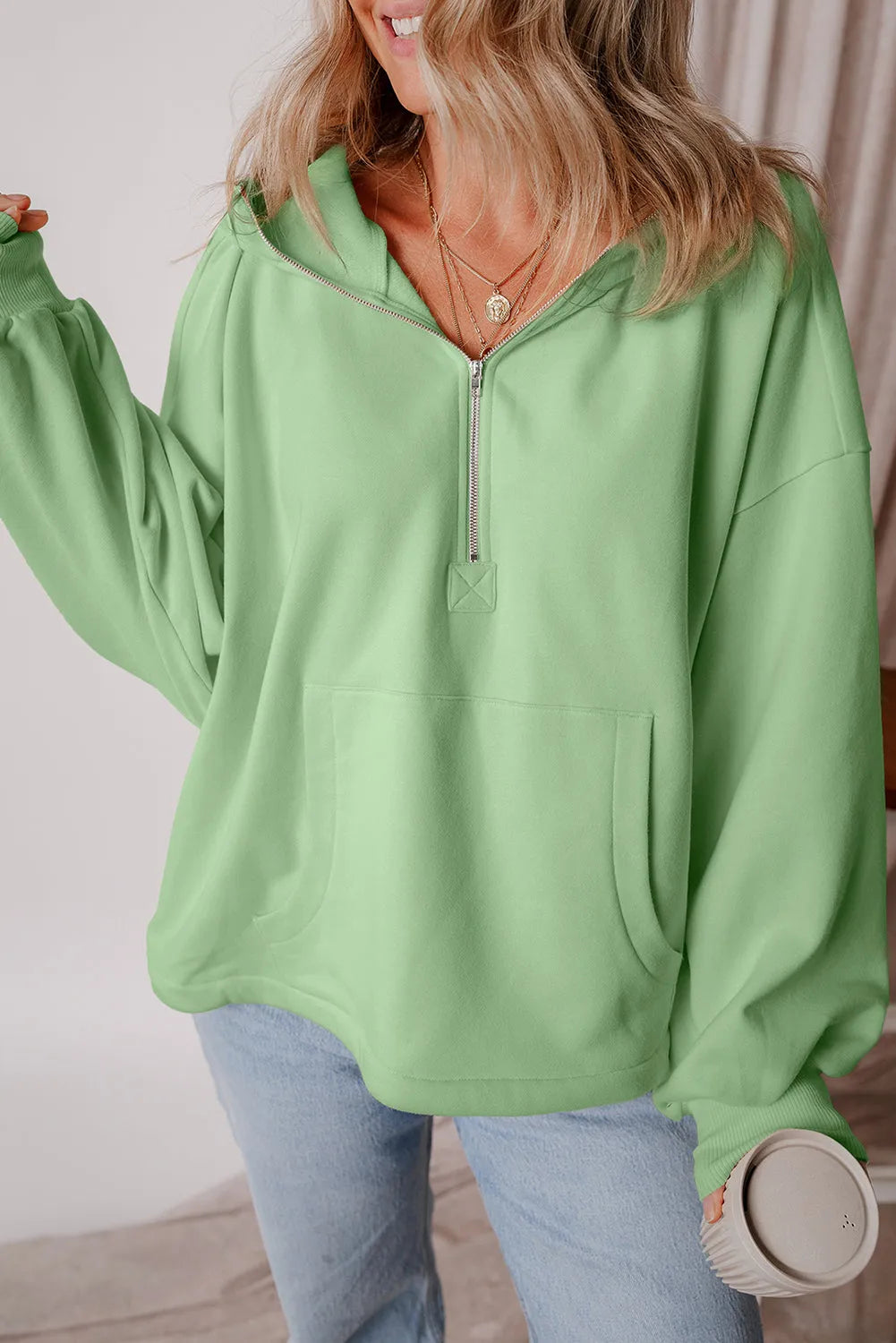 Smoke Green Fleece Lined Half Zipper Kangaroo Pockets Loose Hoodie - Chic Meadow Boutique 