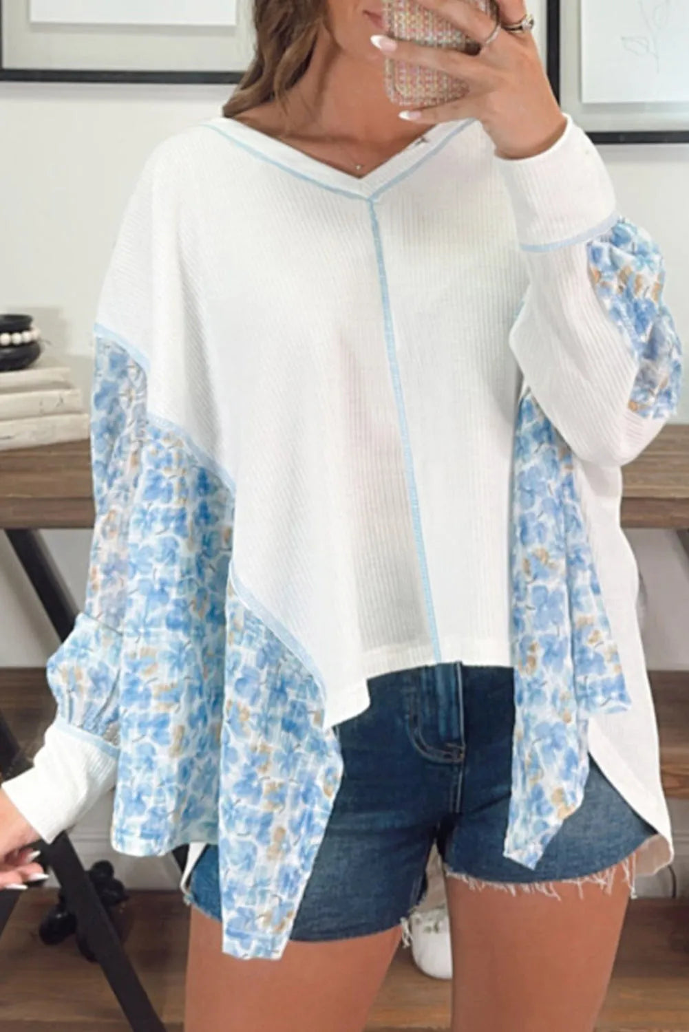 White Abstract Floral Patchwork Batwing Sleeve V Neck Blouse - Chic Meadow Boutique 