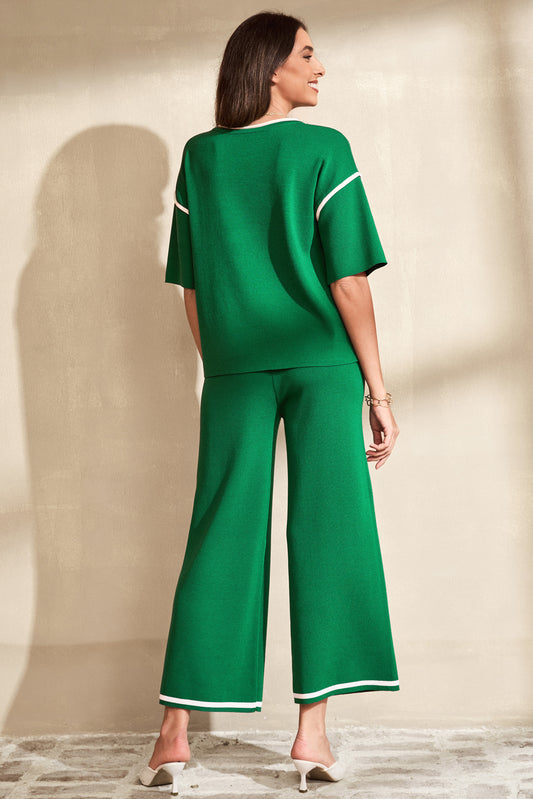 Blackish Green Contrast Trim Half Sleeve Top Drawstring Pants Loose 2pcs Sweater Suit