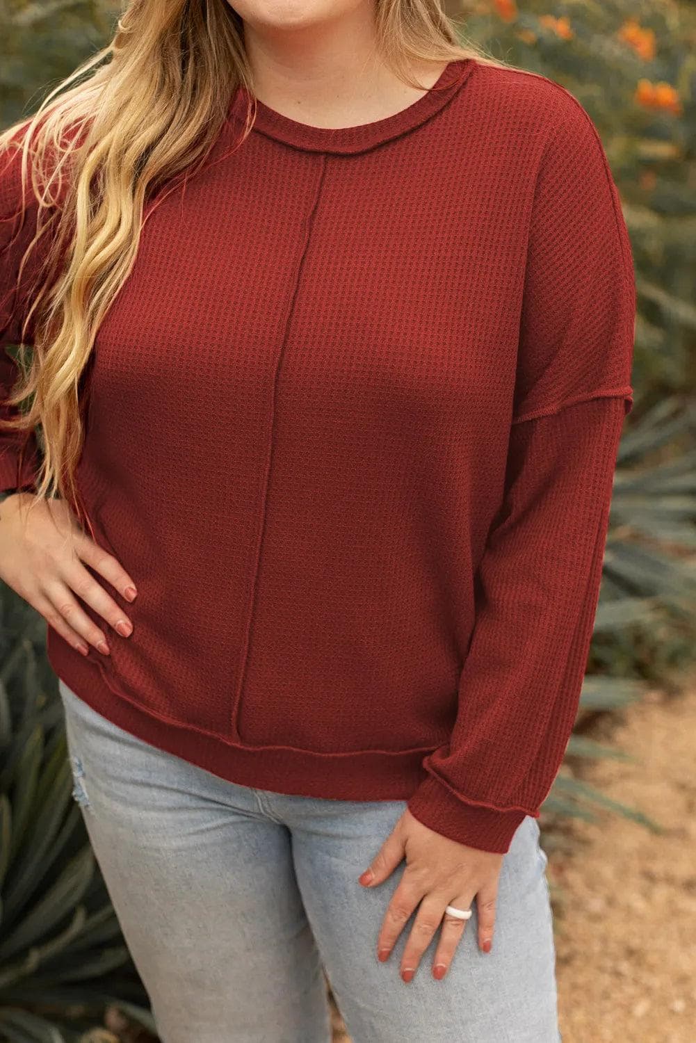 Plus Size/Plus Size Tops/Plus Size Long Sleeve Tops Gold Flame Exposed Seam Detail Waffle Knit Plus Size Top