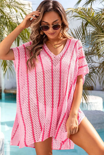 Pink Striped Crochet Loose Fit V Neck Beach Cover Up - Chic Meadow Boutique 