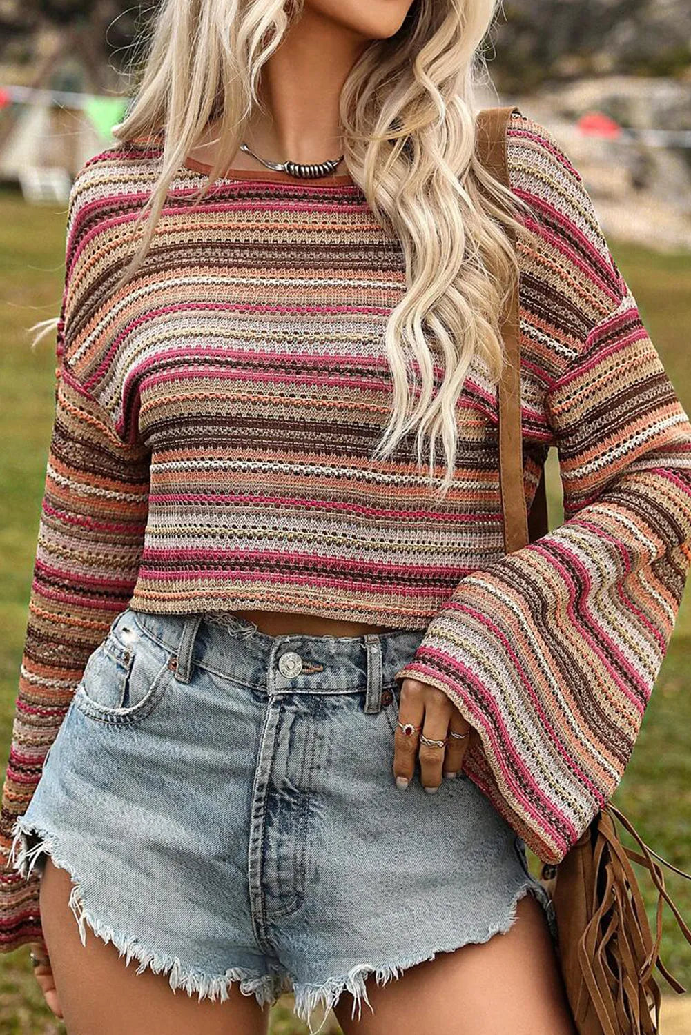 Rose Red Ethnic Striped Wide Cropped Long Sleeve Top - Chic Meadow Boutique 