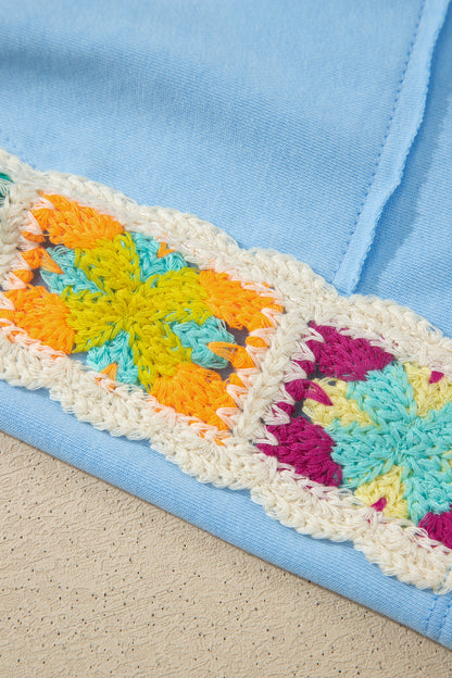 Mist Blue Granny Square Crochet Detail Short 2pcs Set
