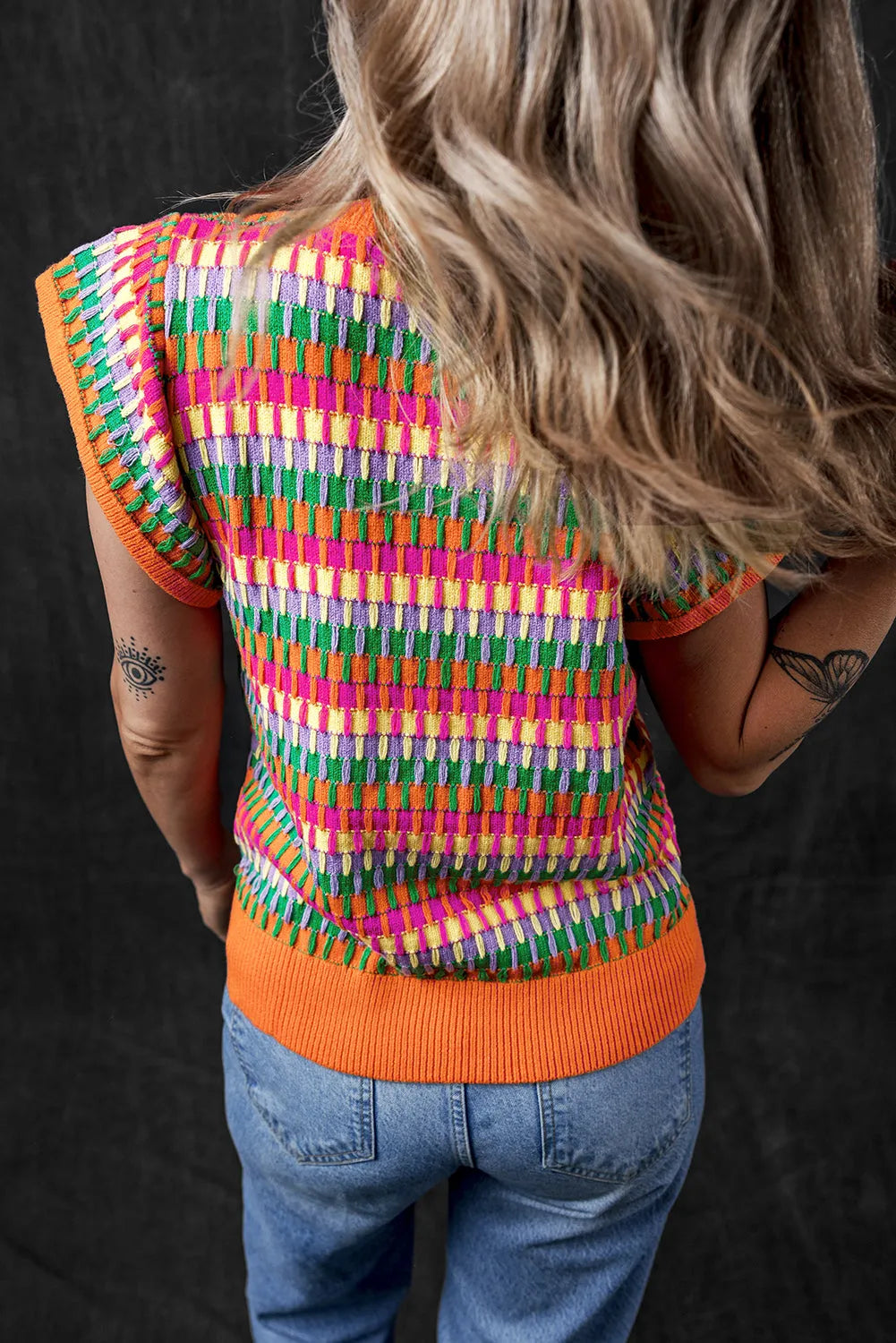 Orange Multicolor Flutter Sleeve Knitted Sweater Top - Chic Meadow Boutique 