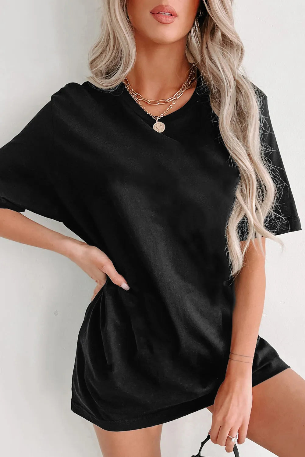 Black Solid Color Round Neck Basic Tunic T Shirt - Chic Meadow Boutique 