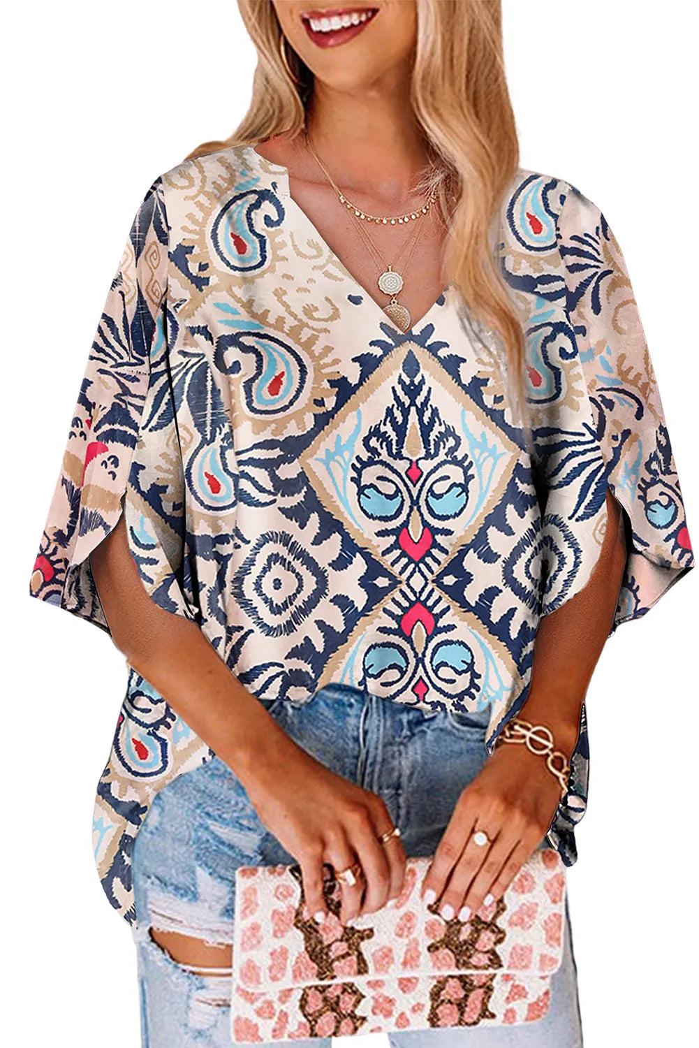 White Abstract Printed Notched V Neck Split Half Sleeve Blouse - Chic Meadow Boutique 