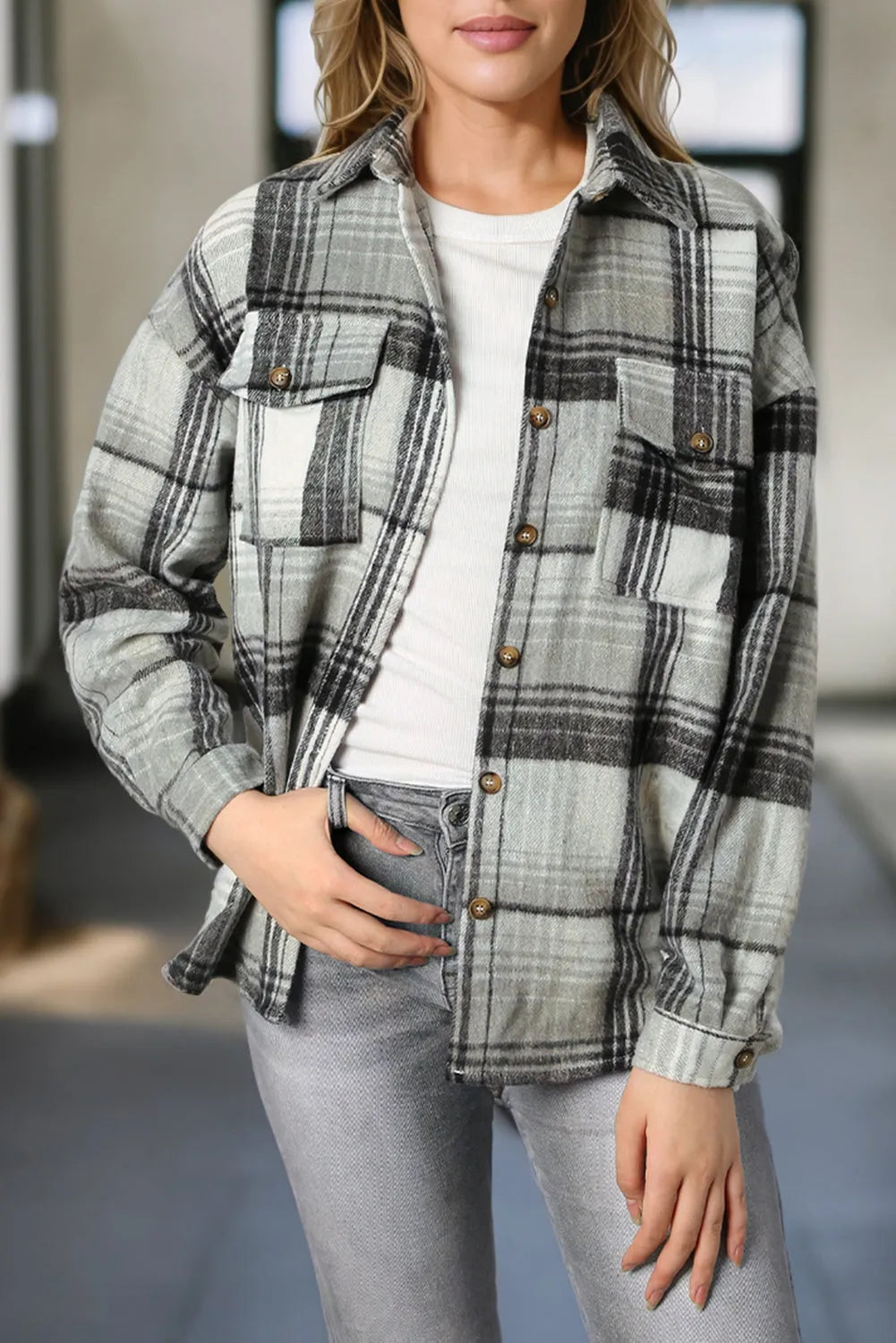 Medium Grey Plaid Flap Pockets Shacket - Chic Meadow Boutique 