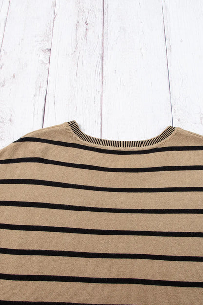 Khaki Stripe Knitted Bat Sleeve T Shirt - Chic Meadow Boutique 