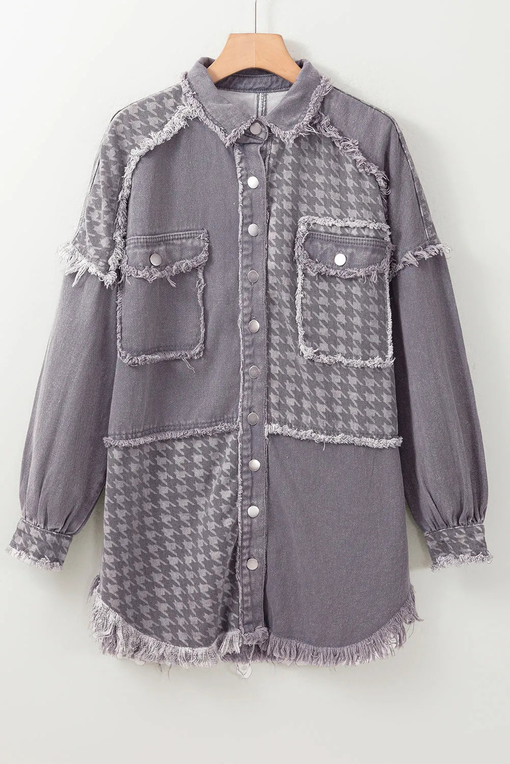 Medium Grey Retro Distressed Houndstooth Patchwork Denim Jacket - Chic Meadow Boutique 