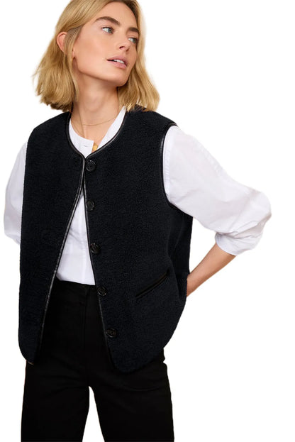 Black Leather Contrast Side Pockets Buttoned Fleece Vest - Chic Meadow Boutique 