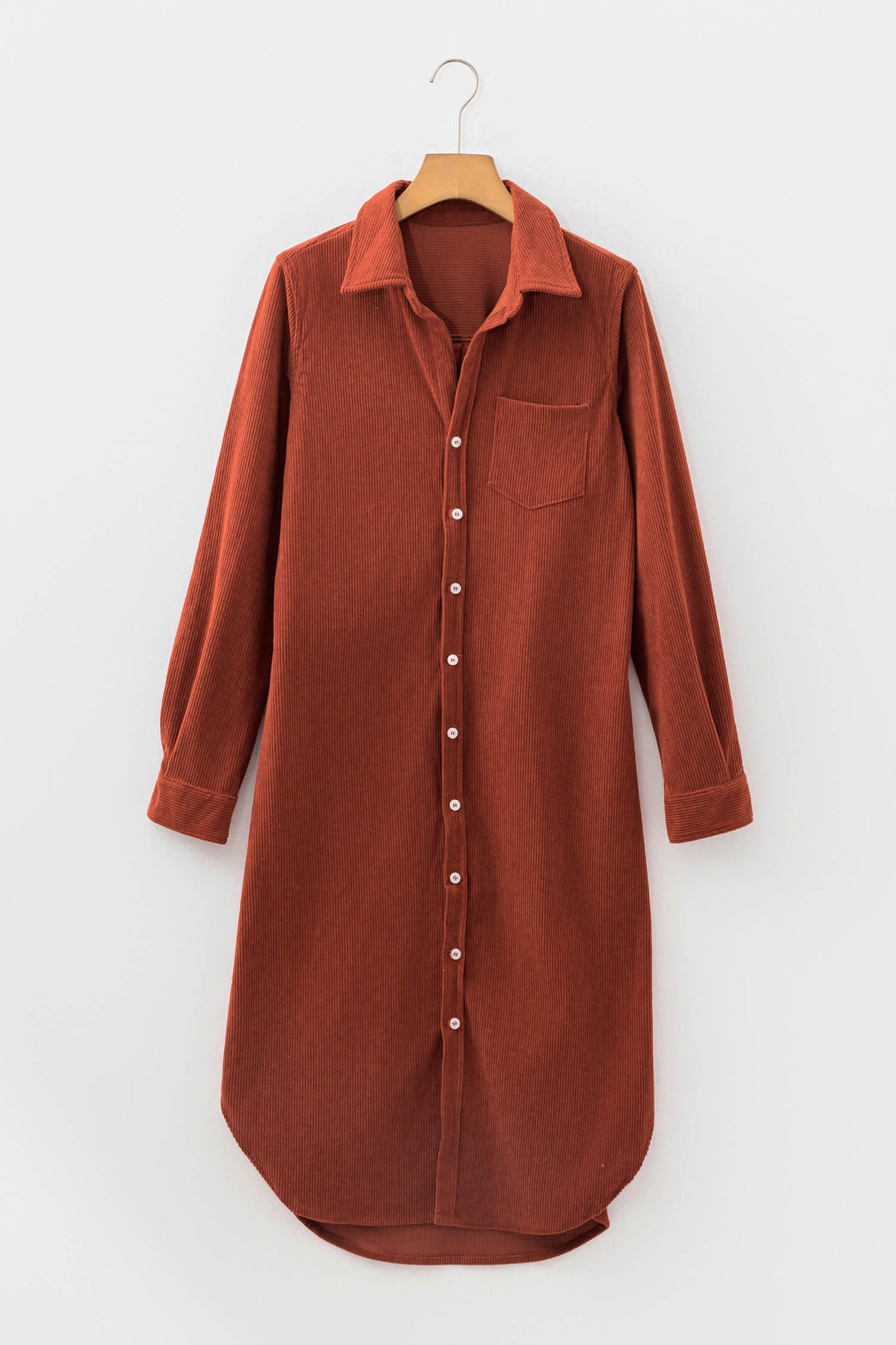 Clay Long Sleeve Button Down Corduroy Midi Length One Piece Dress