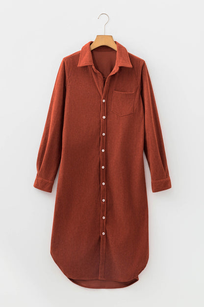 Clay Long Sleeve Button Down Corduroy Midi Length One Piece Dress