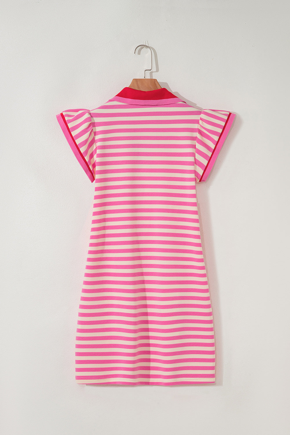 Sachet Pink Stripe Print Contrast Collar Split Neck Flutter Sleeve Short Dress