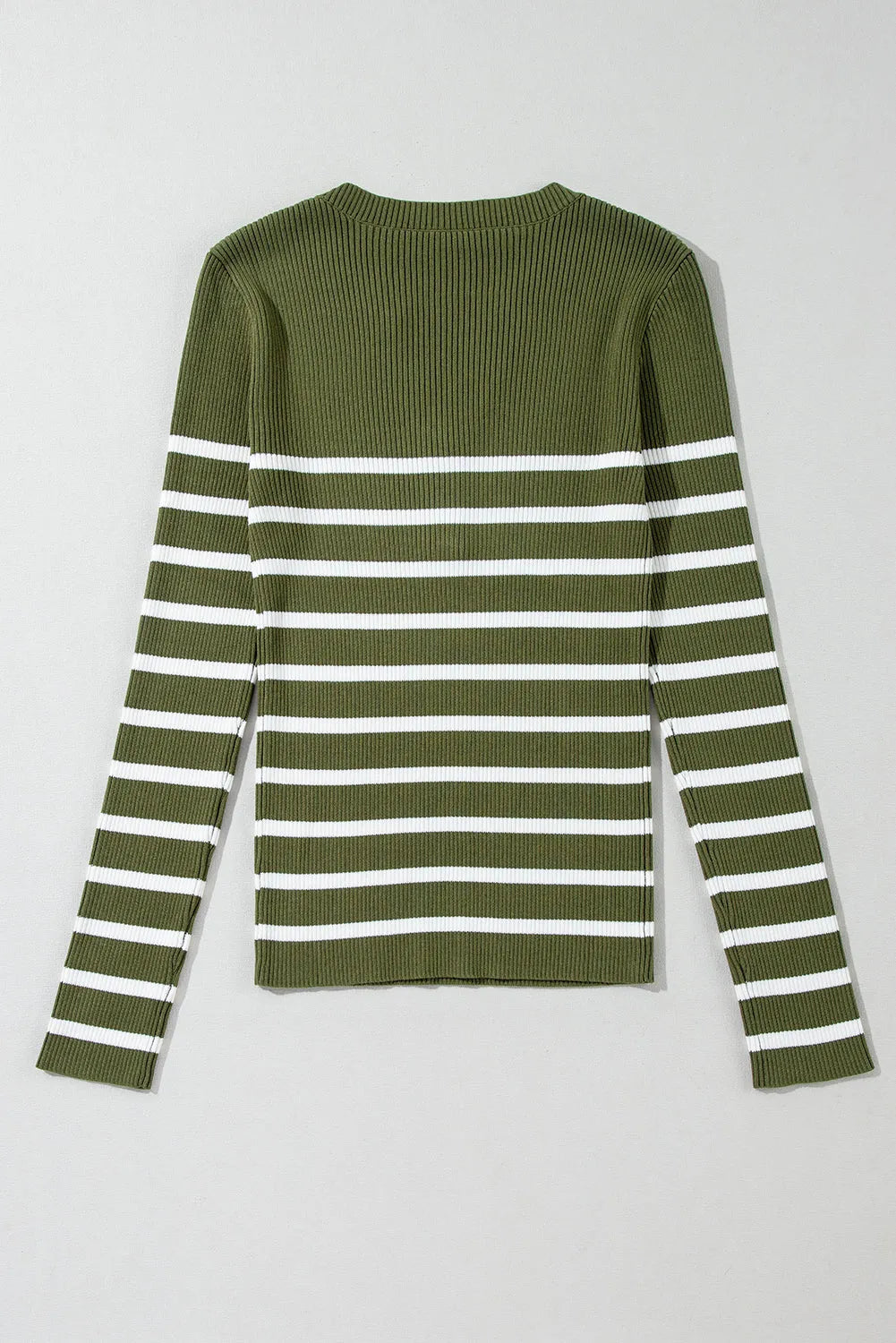 Green Stripe Ribbed Knit Henley Buttons Slim Fit Sweater - Chic Meadow Boutique 