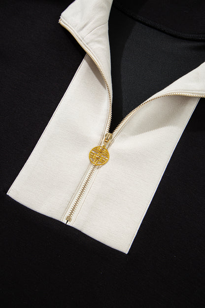 Black Contrast Zipped Stand Collared T Shirt and Short Set