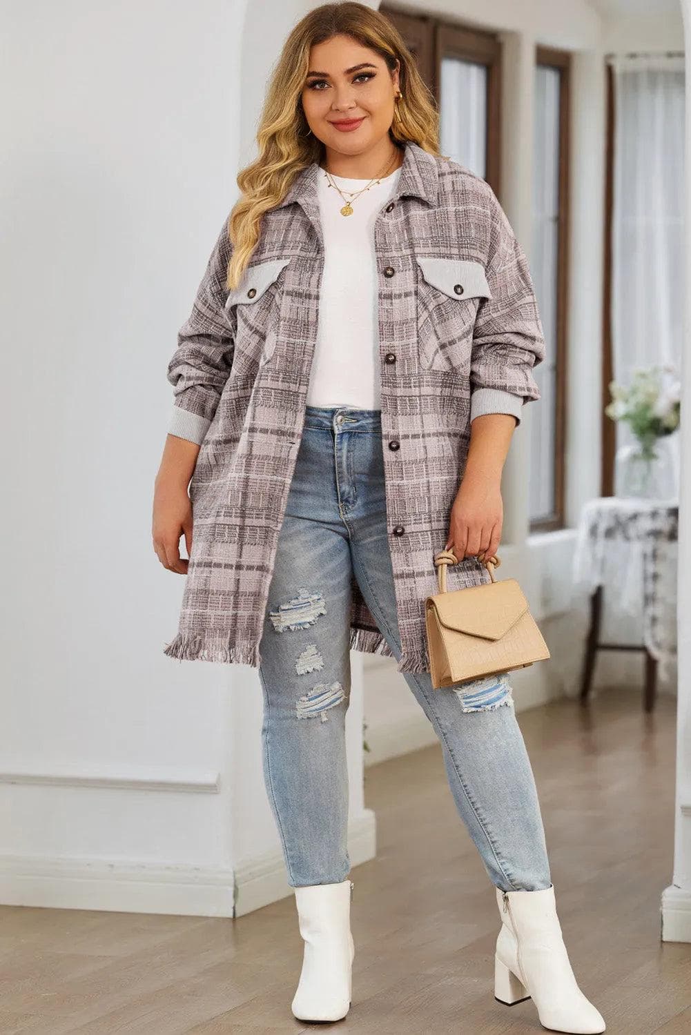 Plus Size/Plus Size Outerwear Pink Plus Size Macrame Plaid Coat