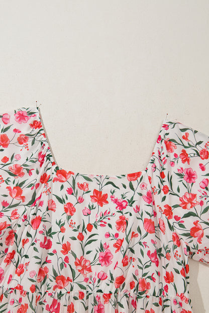 Pink Plus Size Floral Square Neck Puff Sleeve Ruffle Maxi Dress