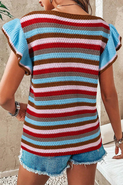 Multicolour Striped Ruffled Sleeve V Neck Sweater - Chic Meadow Boutique 