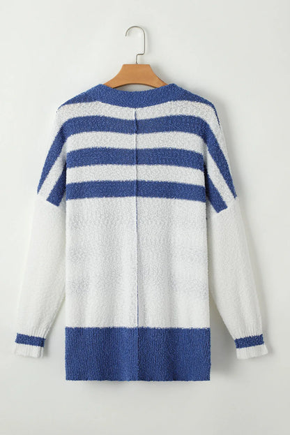 Blue Stripe V Neck Buttoned High Low Sweater Cardigan - Chic Meadow Boutique 