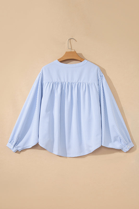 Sky Blue Stripe Floral Embroidered Billowy Sleeve Tunic Baggy Shirt