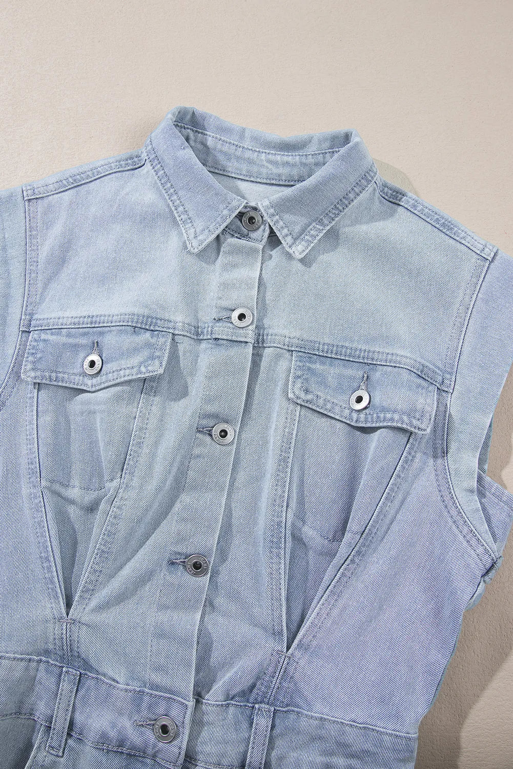 Dresses/Mini Dresses Light Blue Acid Wash Flap Pockets Frayed Denim Dress