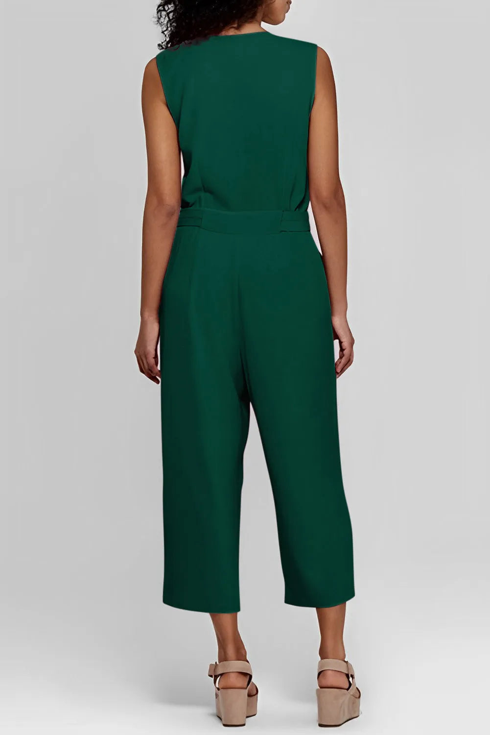 Green Buttoned Sleeveless Cropped Jumpsuit with Sash - Chic Meadow Boutique 