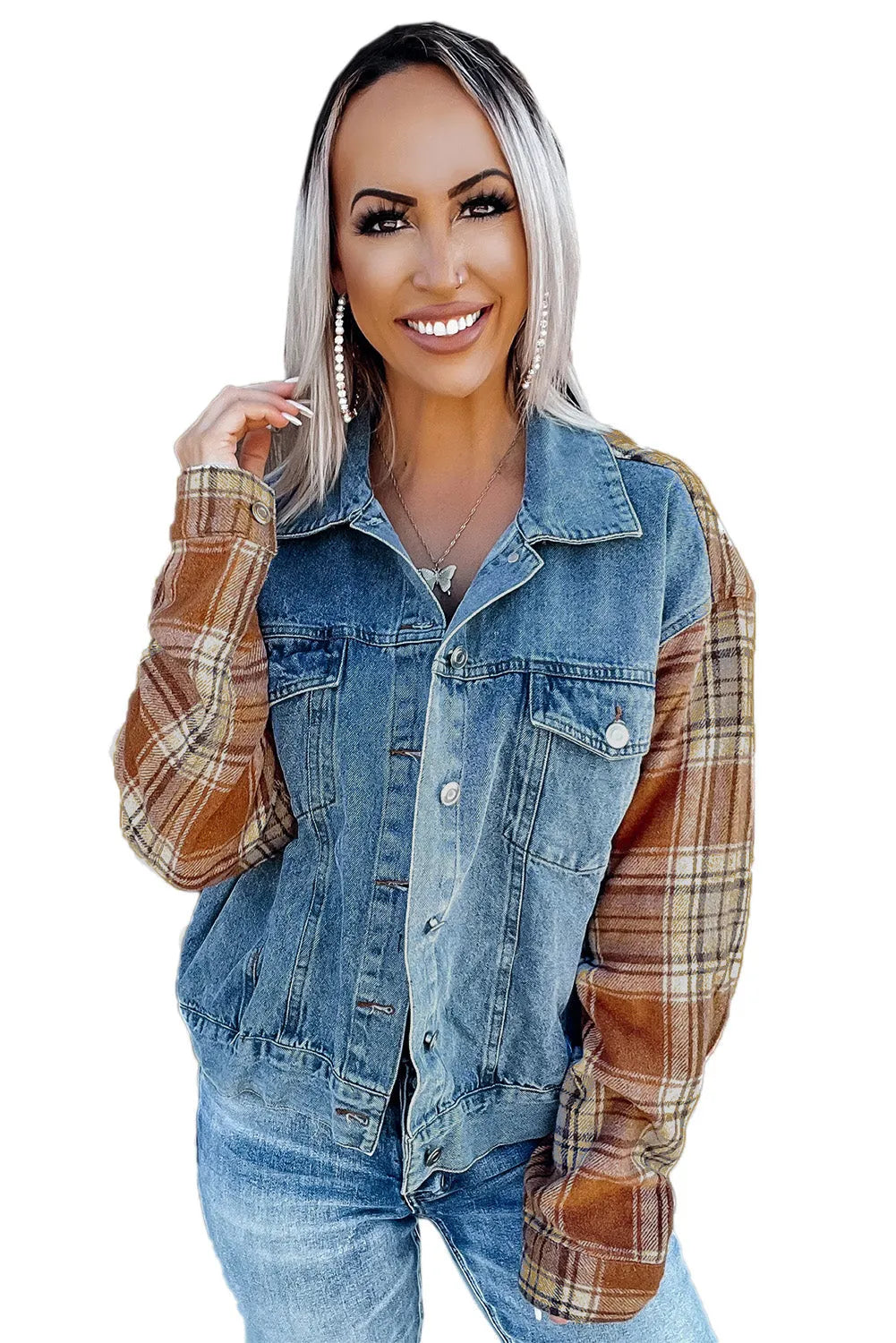 Sky Blue Medium Wash Plaid Sleeves Denim Jacket - Chic Meadow Boutique 