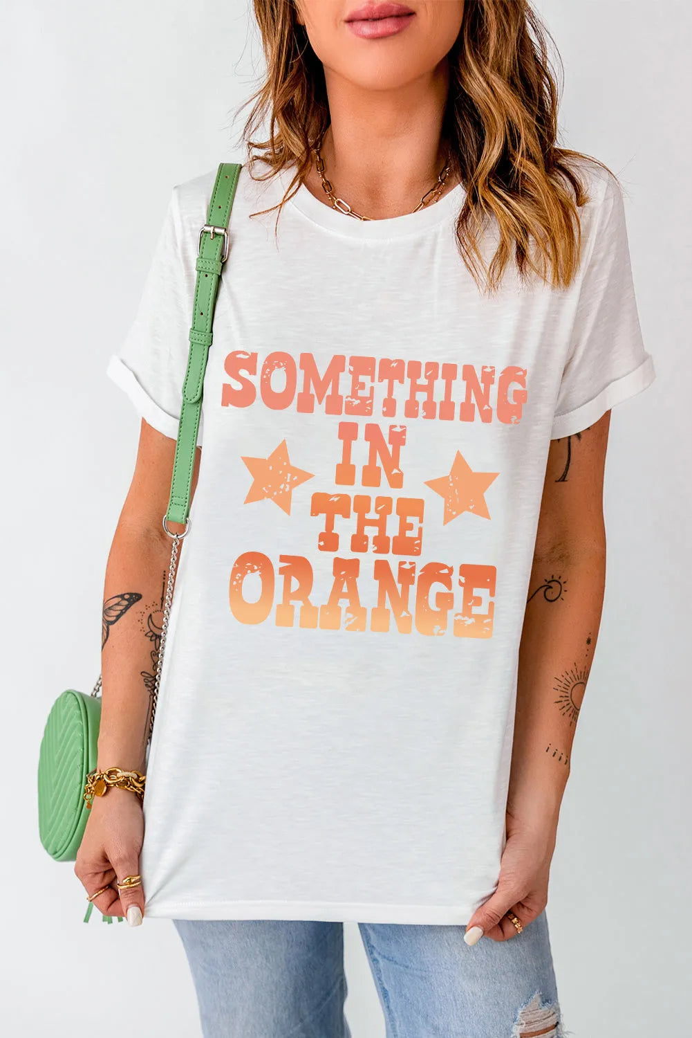 White SOMETHING IN THE ORANGE Graphic Crew Neck T Shirt - Chic Meadow Boutique 