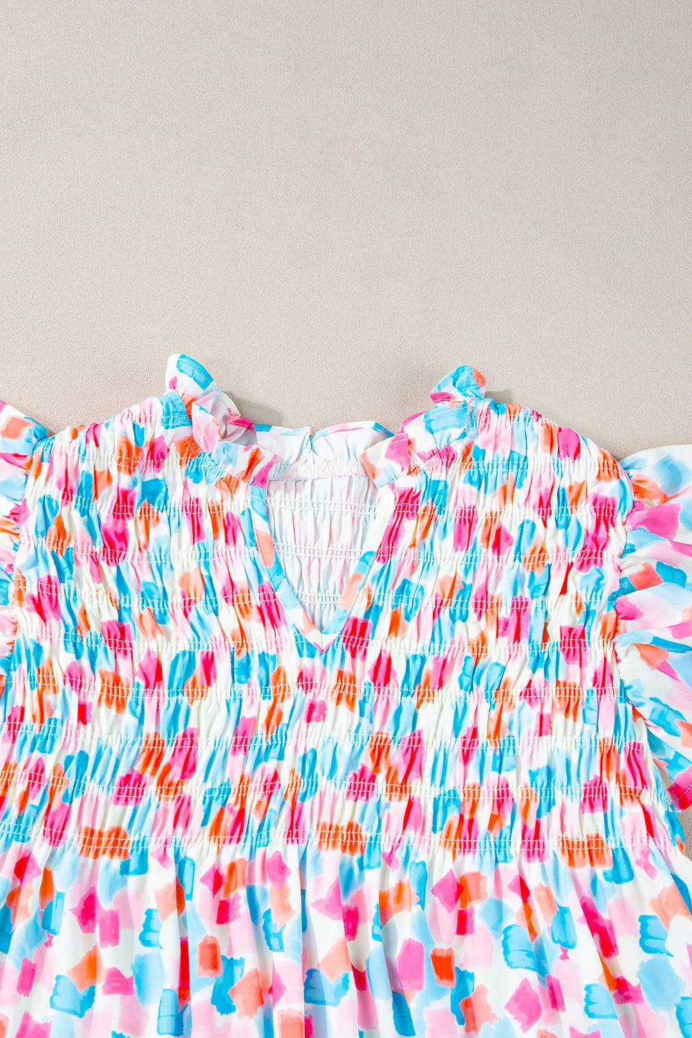 Sky Blue Shirred Yoke Ruffled Abstract Printed Blouse - Chic Meadow Boutique 