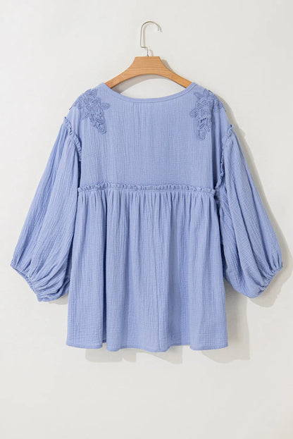 Beau Blue Plus Size Crochet Bracelet Sleeve Babydoll Blouse - Chic Meadow Boutique 