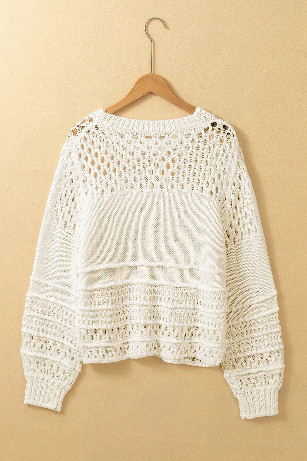 White Solid Color Pointelle Knit Puff Sleeve Sweater - Chic Meadow Boutique 