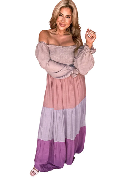 Multicolour Smocked Bubble Sleeve Colorblock Tiered Maxi Dress - Chic Meadow Boutique 