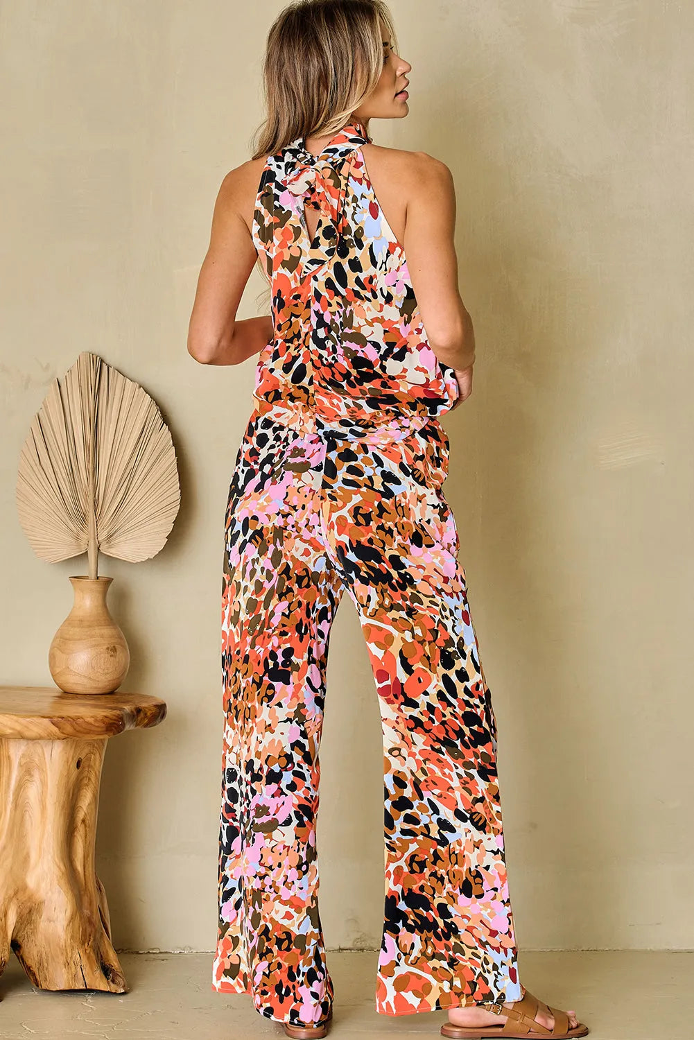 Black Multicolor Leopard Print Halter Tank Top and Pants Set - Chic Meadow Boutique 