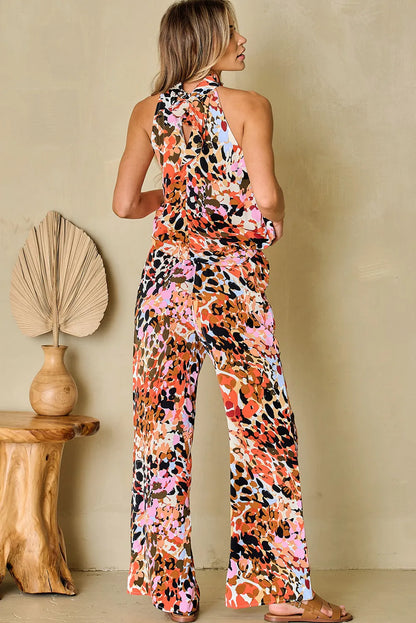 Black Multicolor Leopard Print Halter Tank Top and Pants Set - Chic Meadow Boutique 