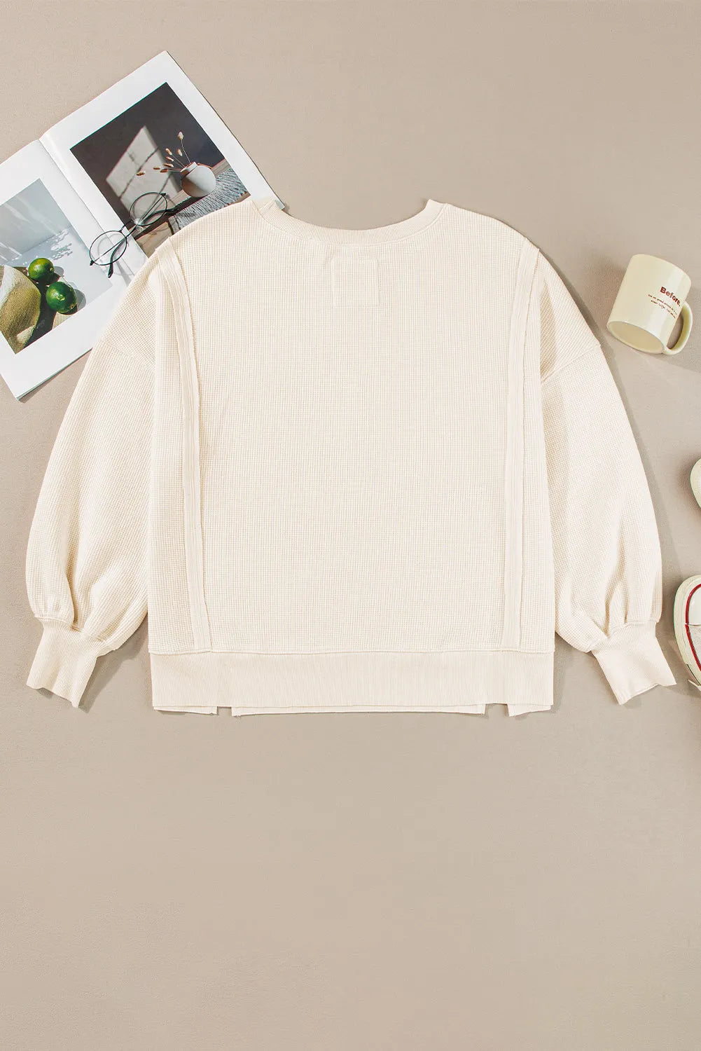 Tops/Sweatshirts & Hoodies White Waffle Knit Bishop Sleeve Split Oversized Sweatshirt