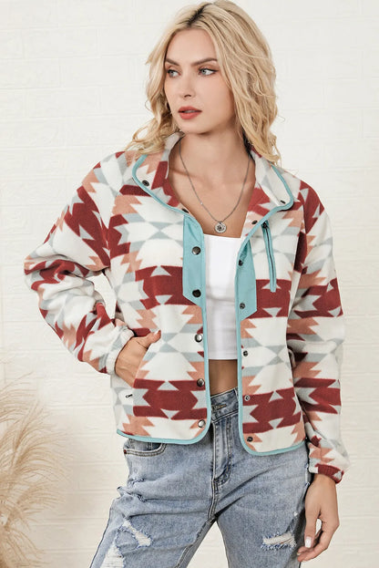 Fiery Red Western Aztec Buttoned Zipper Pockets Fleece Jacket - Chic Meadow Boutique 