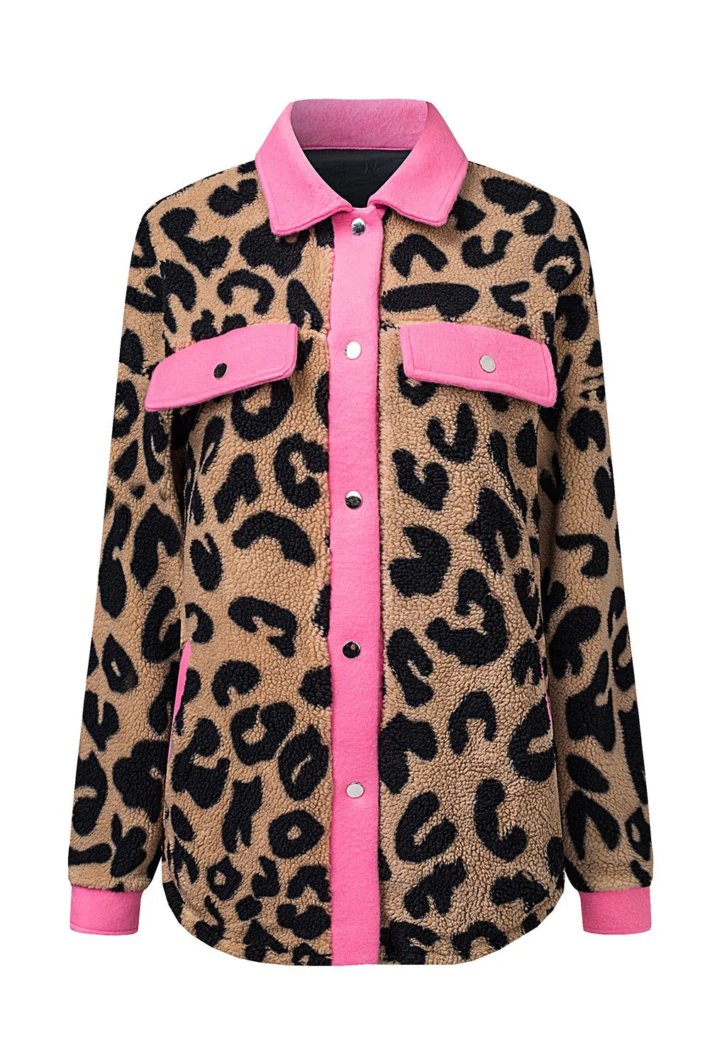 Leopard Contrast Trimmed Leopard Teddy Shacket - Chic Meadow Boutique 