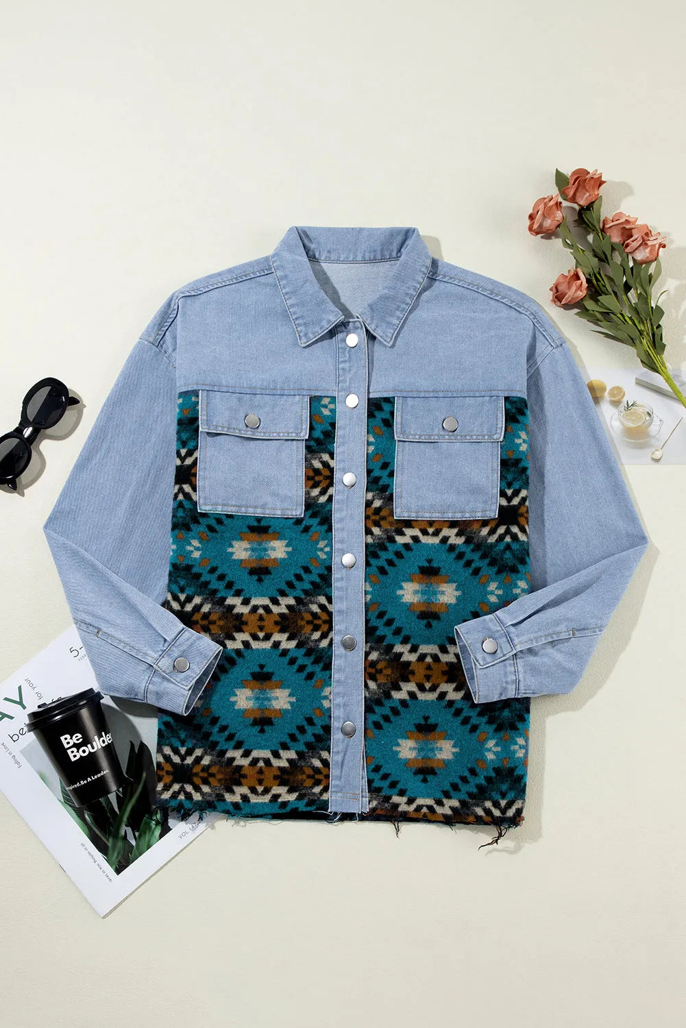 Blue Aztec Printed Denim Jacket - Chic Meadow Boutique 