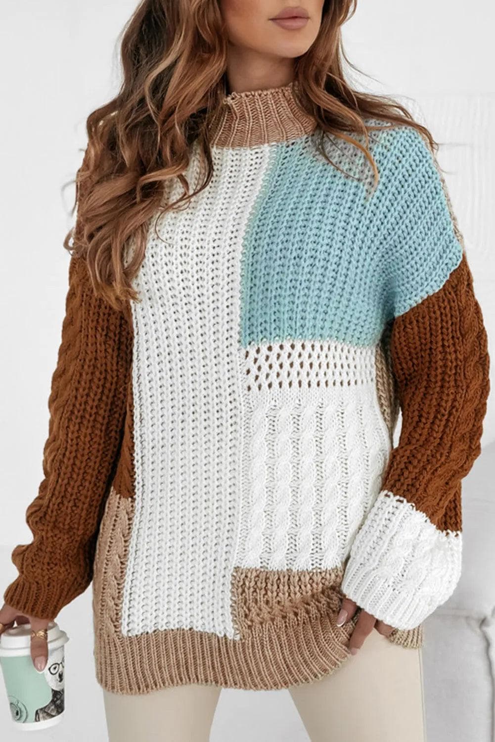 Sweaters & Cardigans/Sweaters Khaki Mix Textured Knit Colorblock Patchwork Sweater