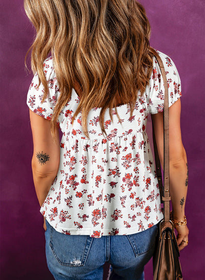 White Boho Floral Ruched Cinched Short Sleeve Blouse